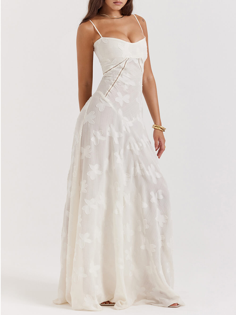 Retro Cream Floral Lace-Back Maxi Dress