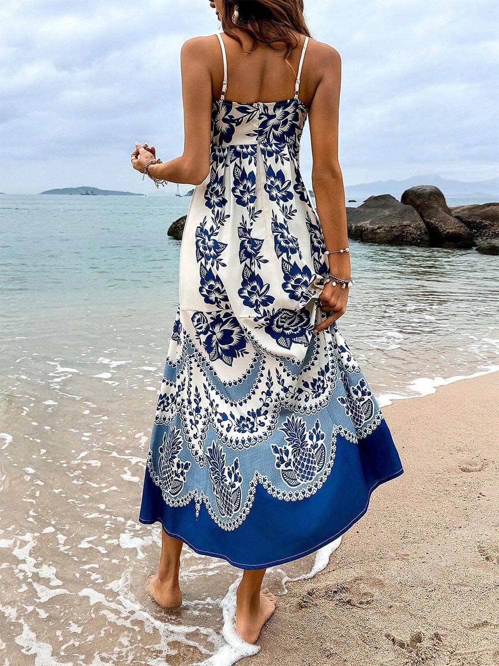 Bohemian Floral Print Back Smocked Midi Dress