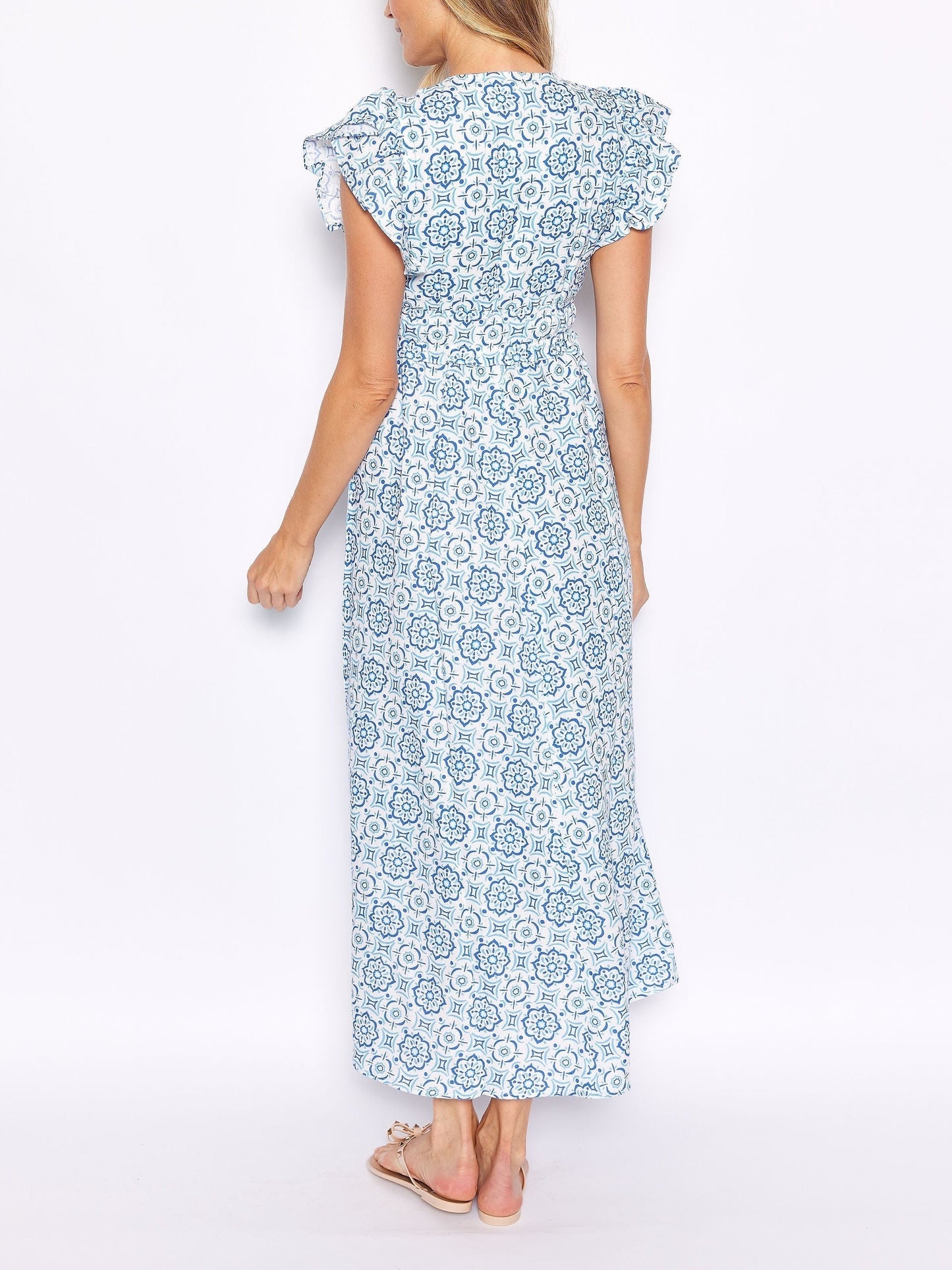 Maxi Dress with Flutter Sleeves and Blue Medallion V-Neck Design