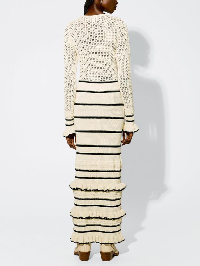 Long Sleeve Maxi Dress with Knit Stripe and Ruffle Details