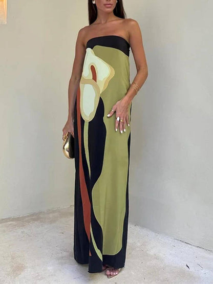Contrast Printed Maxi Dress with Off-Shoulder Sleeves