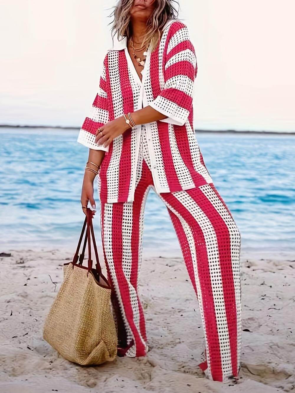 Striped Wide Leg Pants Set with Loose V-Neck Hollow Out Shirt