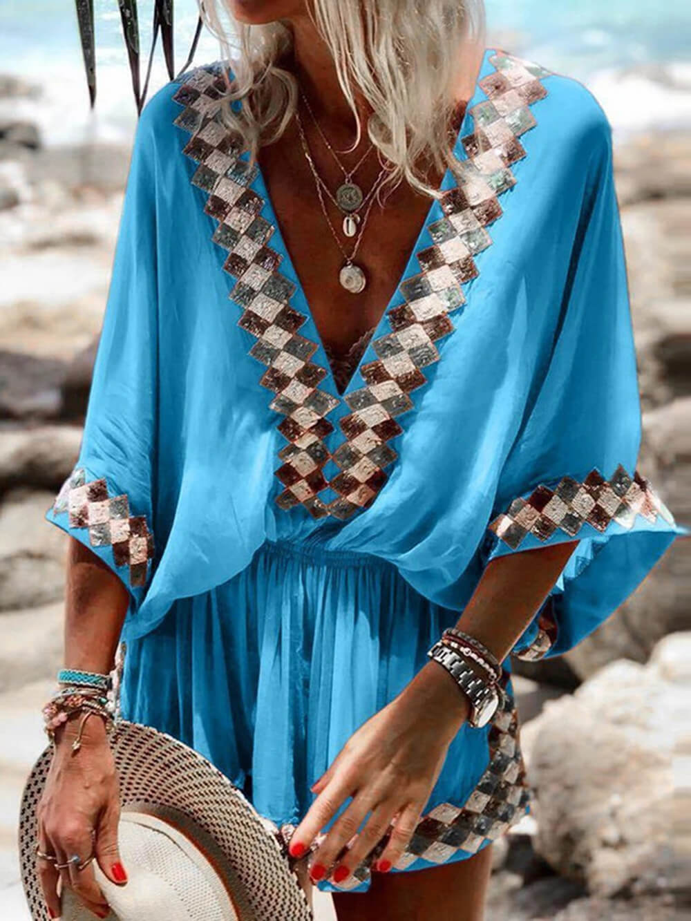Boho Chic Beach Print Kimono Romper