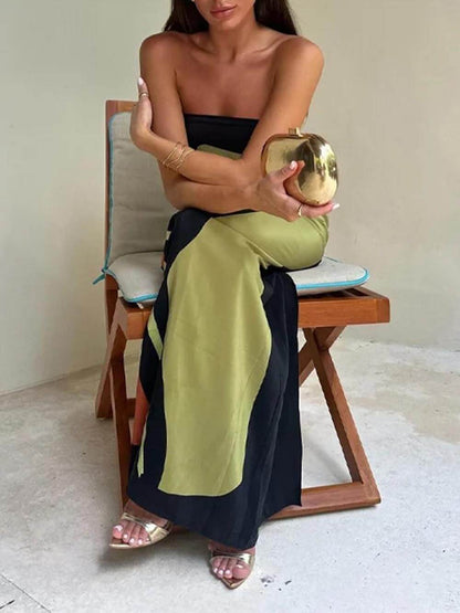 Contrast Printed Maxi Dress with Off-Shoulder Sleeves