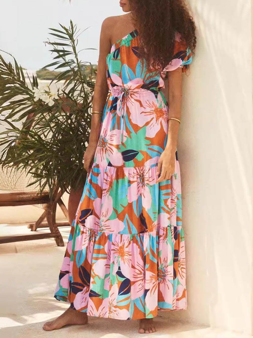 Off-Shoulder Floral Dress with Palm Leaf Print for Holiday Style