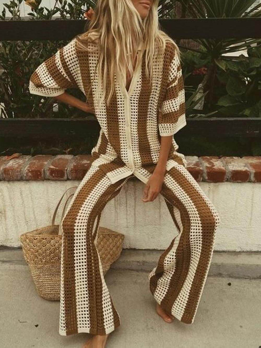 Striped Wide Leg Pants Set with Loose V-Neck Hollow Out Shirt
