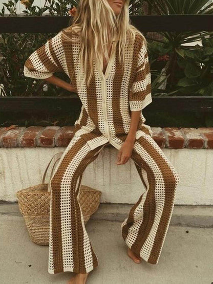 Striped Wide Leg Pants Set with Loose V-Neck Hollow Out Shirt