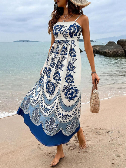 Bohemian Floral Print Back Smocked Midi Dress