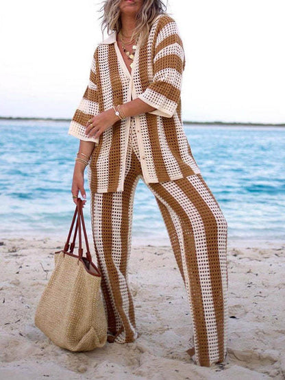 Striped Wide Leg Pants Set with Loose V-Neck Hollow Out Shirt
