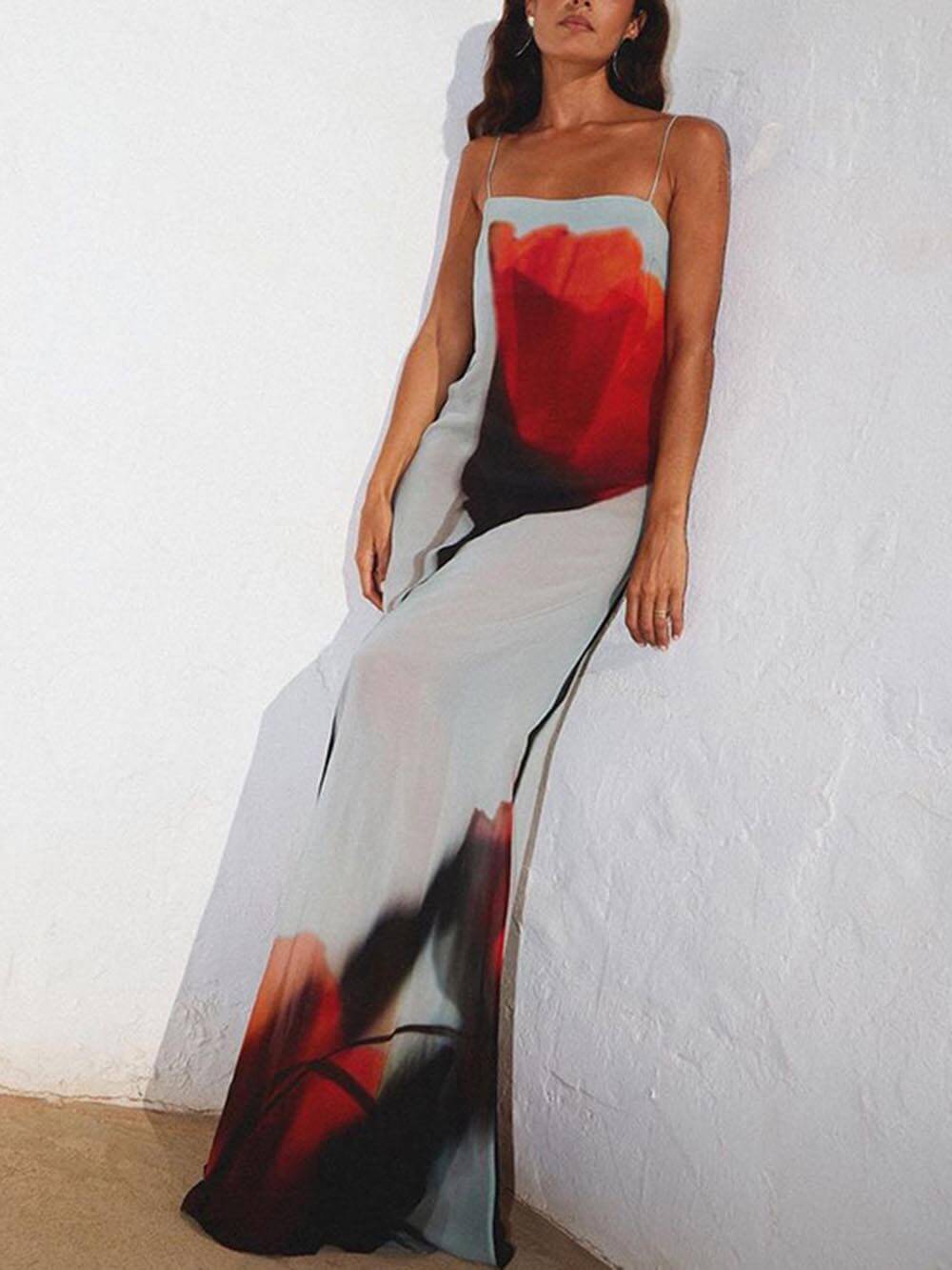 Abstract Tulip Print H-Line Maxi Dress for Vacation