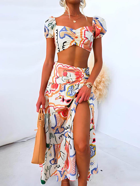 Two-Piece Set: Wrap Summer Skirt with Printed Top