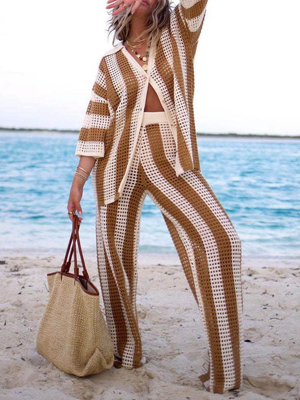 Striped Wide Leg Pants Set with Loose V-Neck Hollow Out Shirt