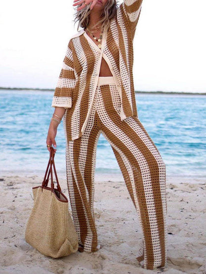 Striped Wide Leg Pants Set with Loose V-Neck Hollow Out Shirt