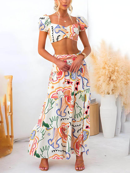 Two-Piece Set: Wrap Summer Skirt with Printed Top