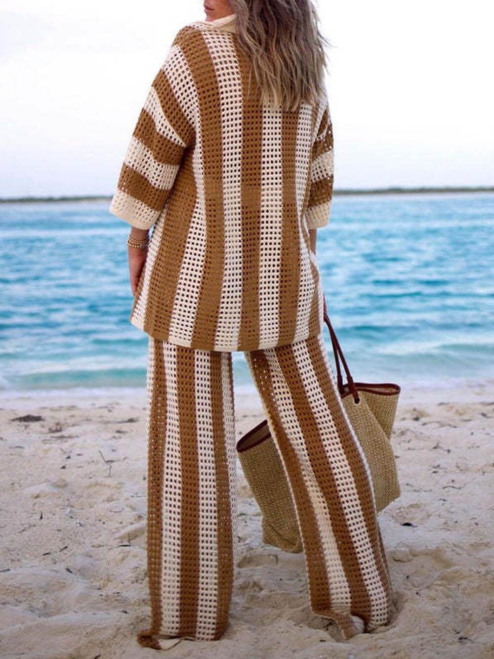 Striped Wide Leg Pants Set with Loose V-Neck Hollow Out Shirt