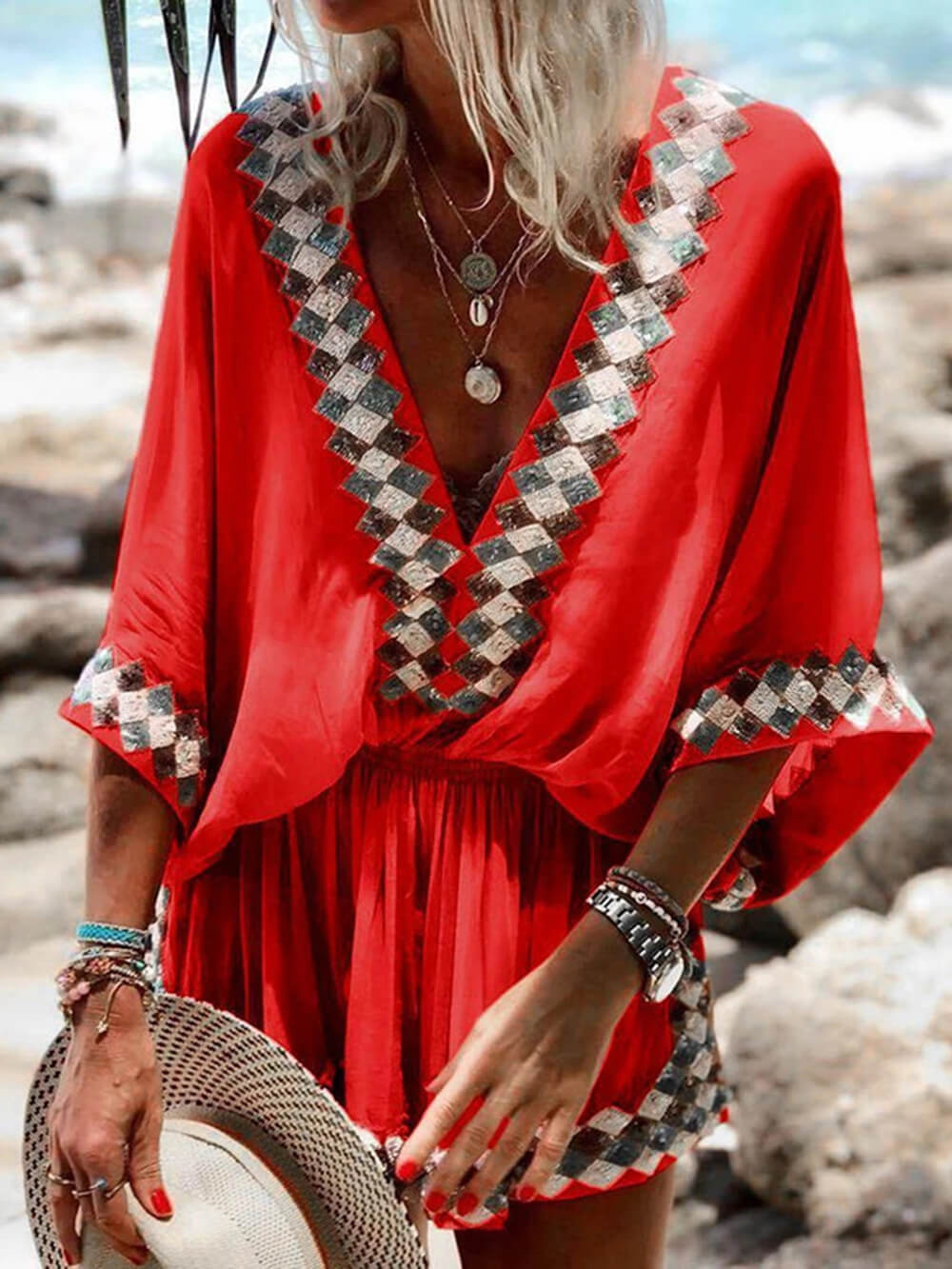 Boho Chic Beach Print Kimono Romper
