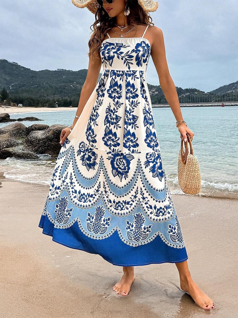 Bohemian Floral Print Back Smocked Midi Dress