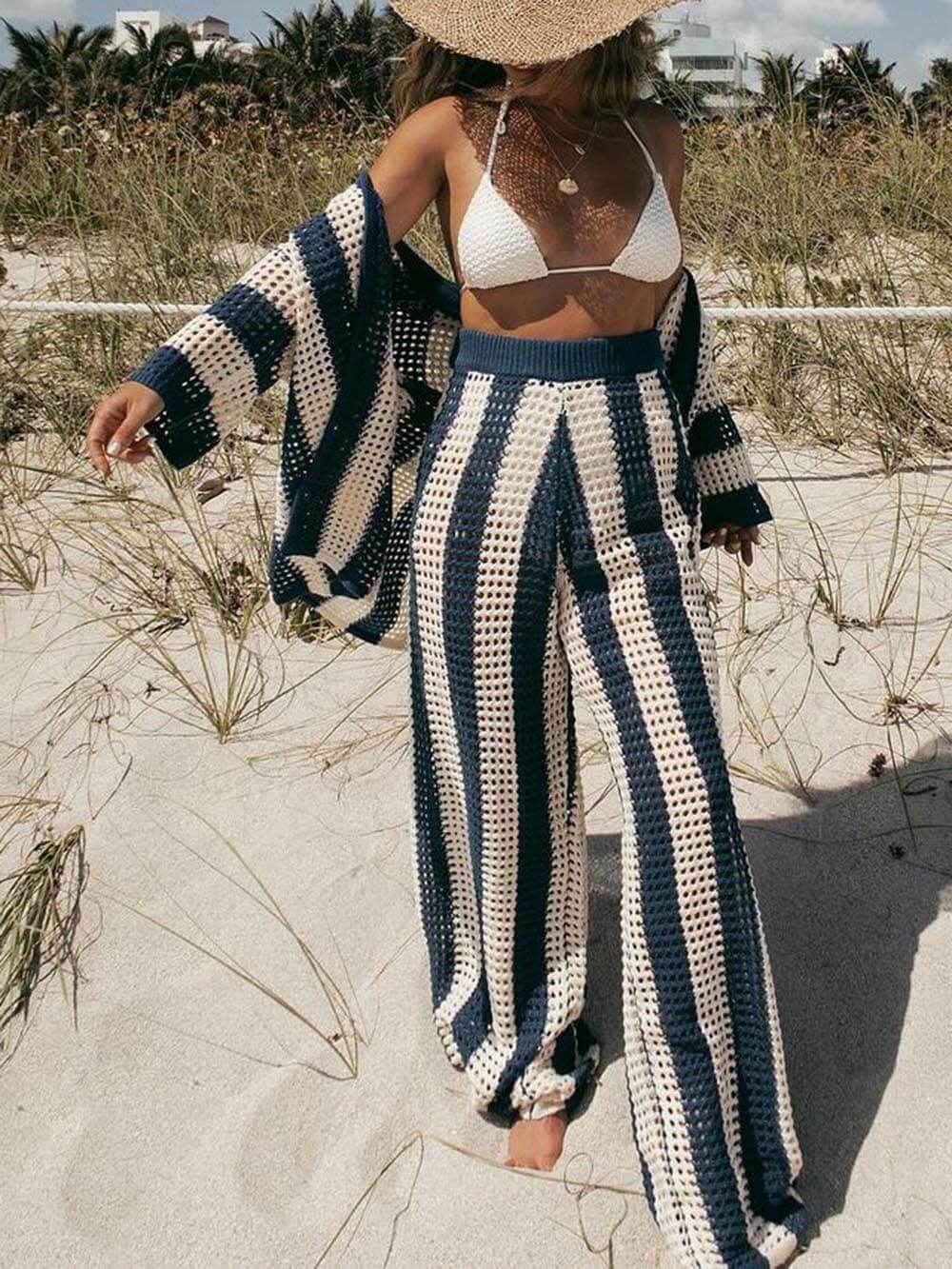 Striped Wide Leg Pants Set with Loose V-Neck Hollow Out Shirt