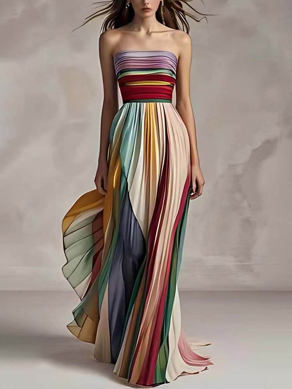 Chic Off-Shoulder Striped Pleated Bandeau Maxi Dress