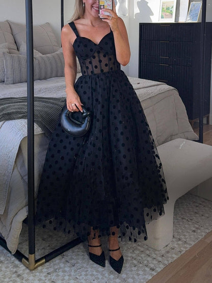 Charming Tulle Polka Dot Sweetheart Bustier A-Line Midi Dress