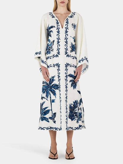 Retro Hawaiian Print Sequin-Embellished Oversized Midi Dress