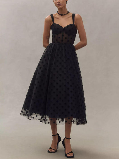 Charming Tulle Polka Dot Sweetheart Bustier A-Line Midi Dress