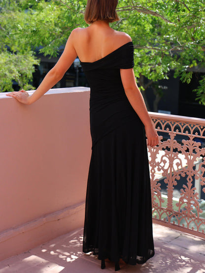 Effortlessly Elegant Off-Shoulder Ruched Mesh Maxi Dress