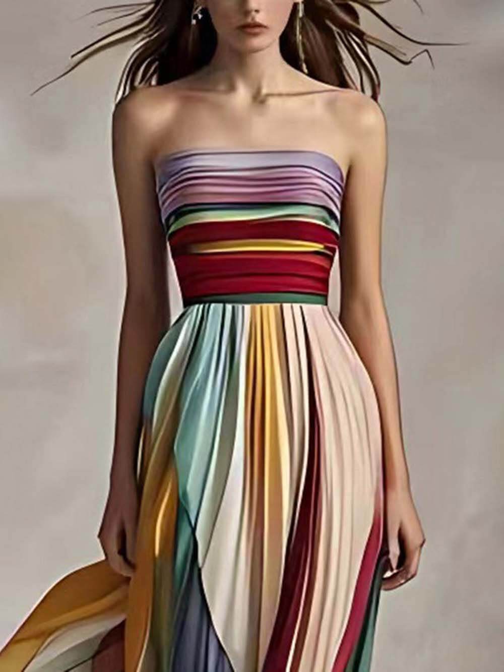Chic Off-Shoulder Striped Pleated Bandeau Maxi Dress