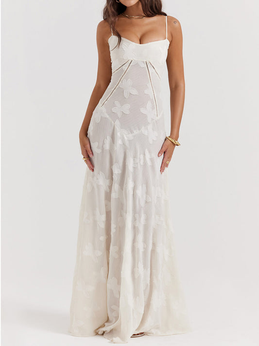 Retro Cream Floral Lace-Back Maxi Dress
