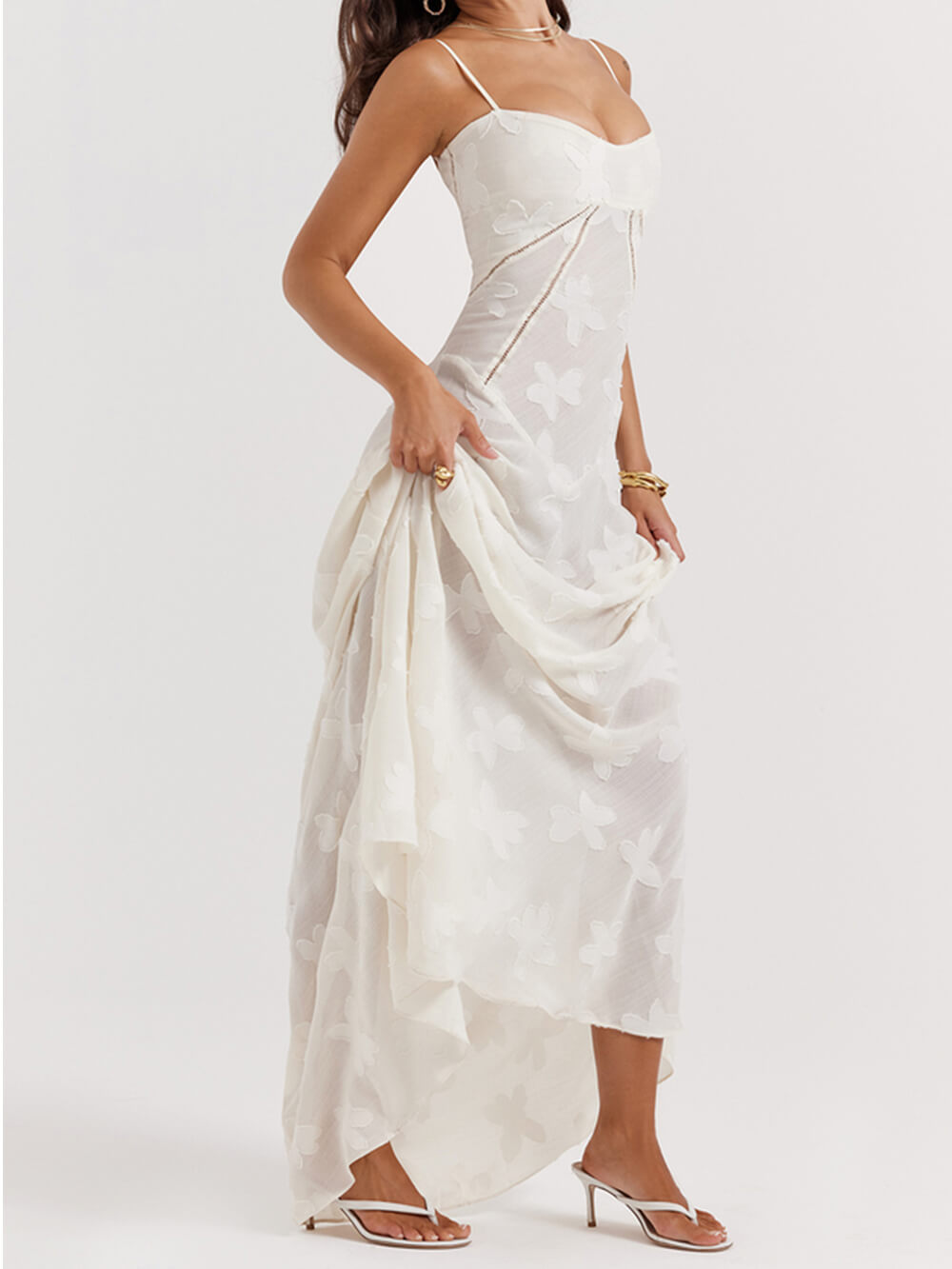 Retro Cream Floral Lace-Back Maxi Dress