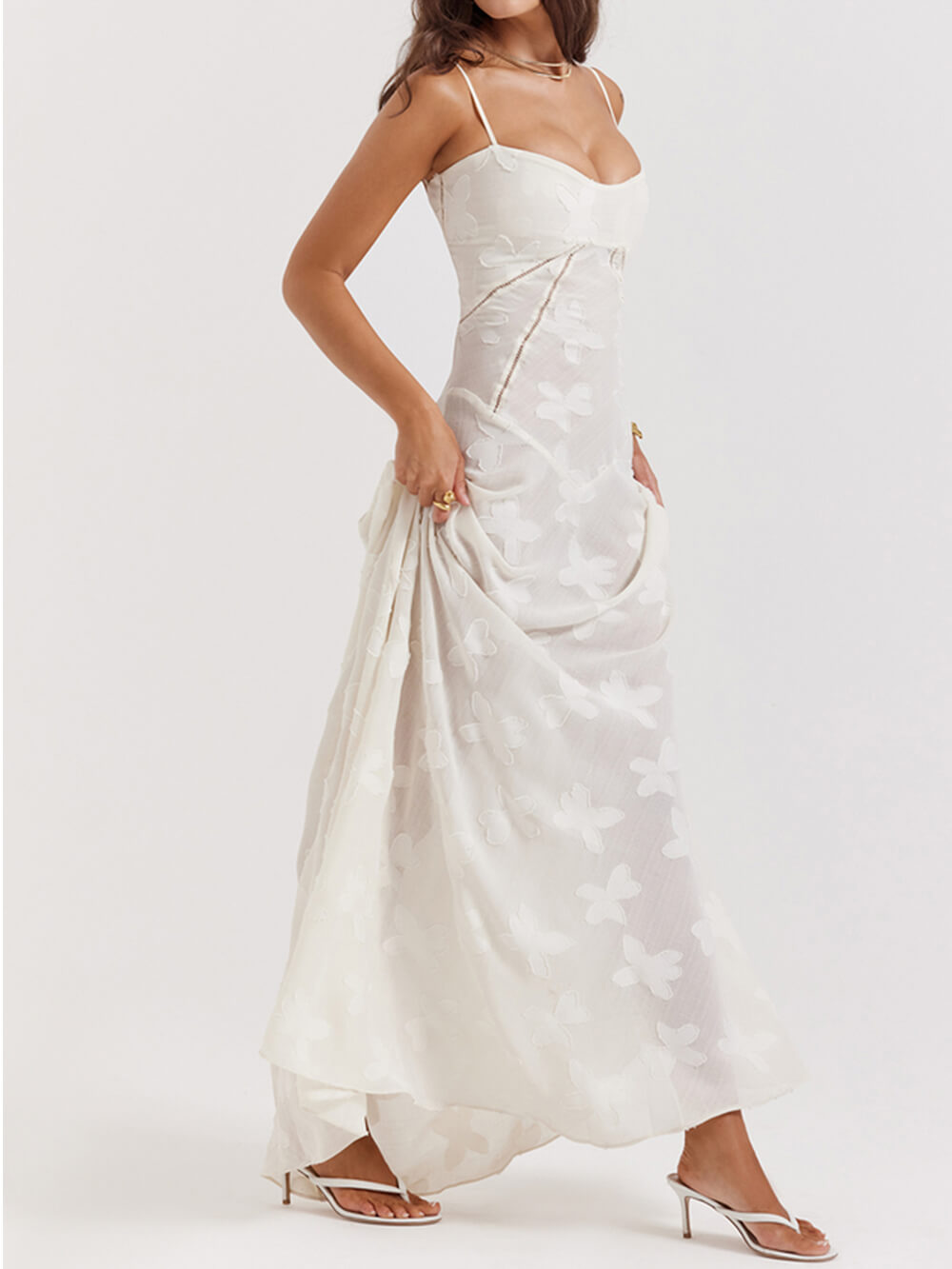 Retro Cream Floral Lace-Back Maxi Dress