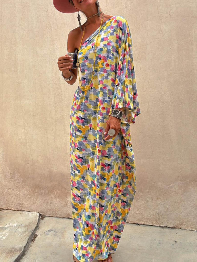 Relaxed Off-Shoulder Maxi Dress with Holiday Ink-Dye Print