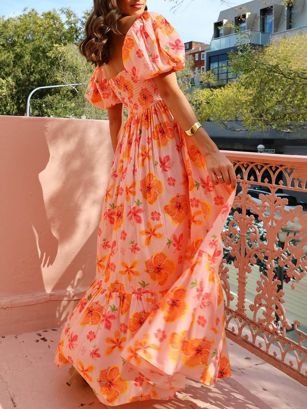 Floral Print Maxi Dress with Puff Sleeves and Back Smocking, Featuring Pockets