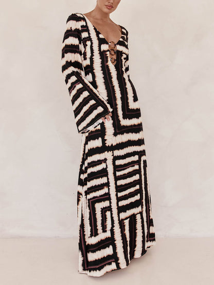 Stylish V-Neck Unique Printed V Tie Maxi Dress