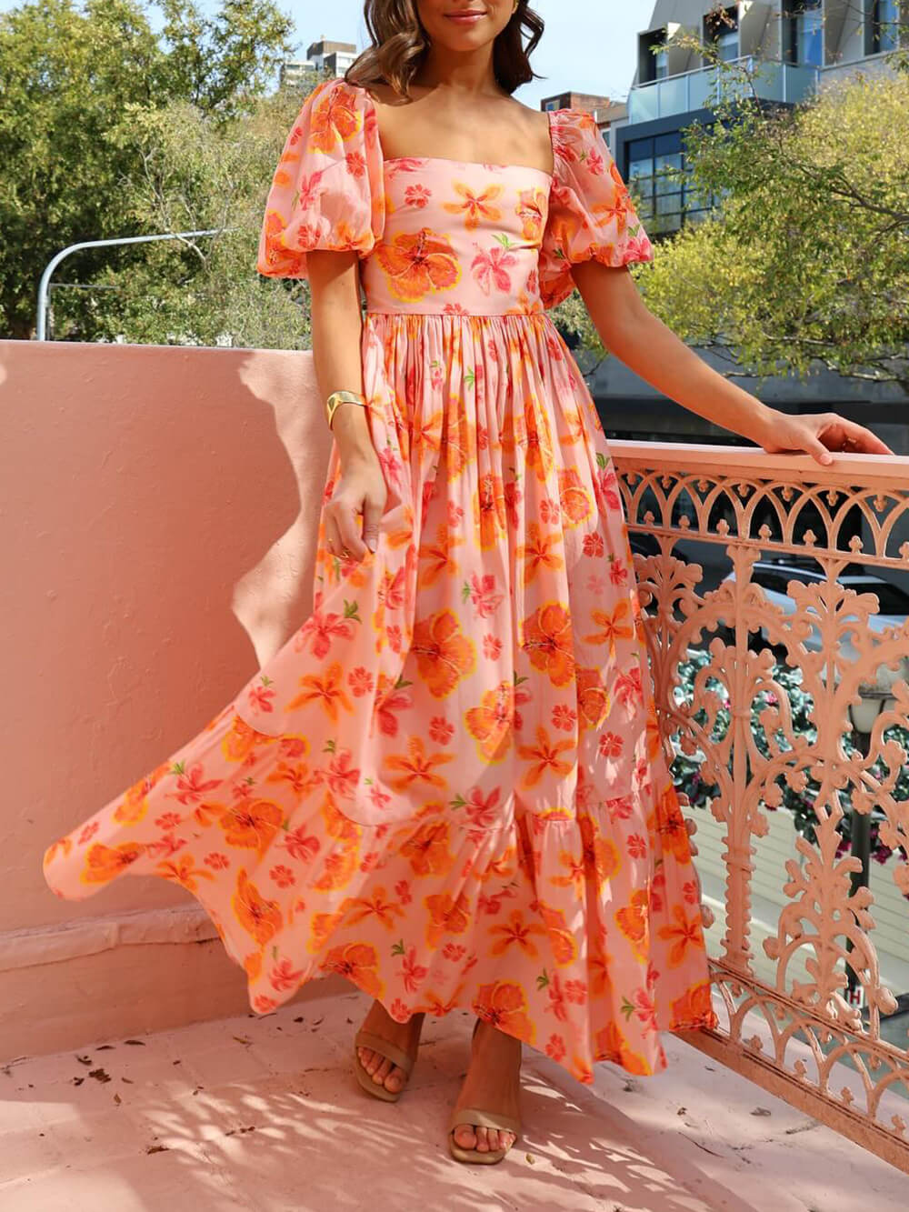 Floral Print Maxi Dress with Puff Sleeves and Back Smocking, Featuring Pockets