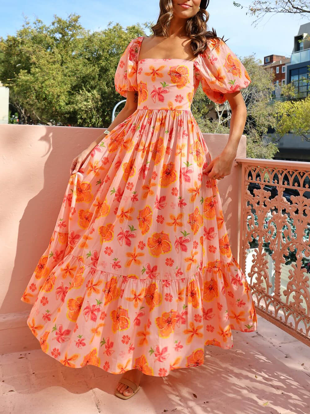 Floral Print Maxi Dress with Puff Sleeves and Back Smocking, Featuring Pockets