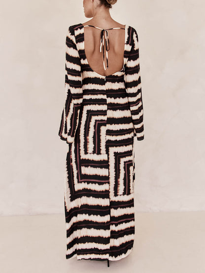 Stylish V-Neck Unique Printed V Tie Maxi Dress