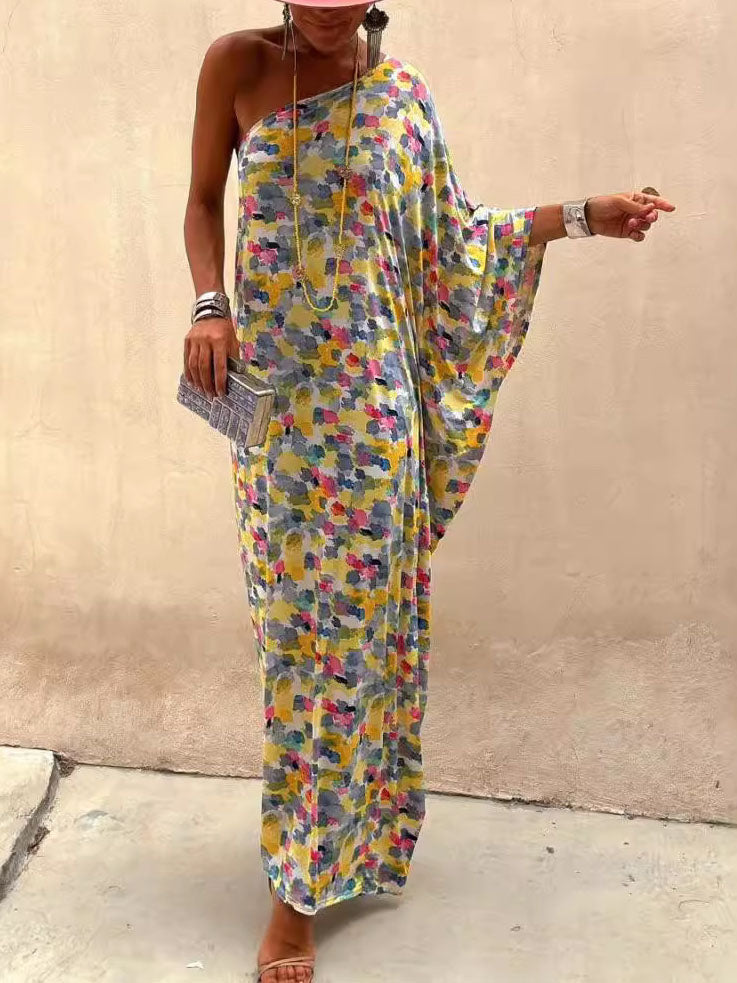 Relaxed Off-Shoulder Maxi Dress with Holiday Ink-Dye Print