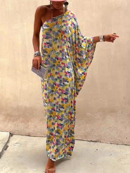 Relaxed Off-Shoulder Maxi Dress with Holiday Ink-Dye Print