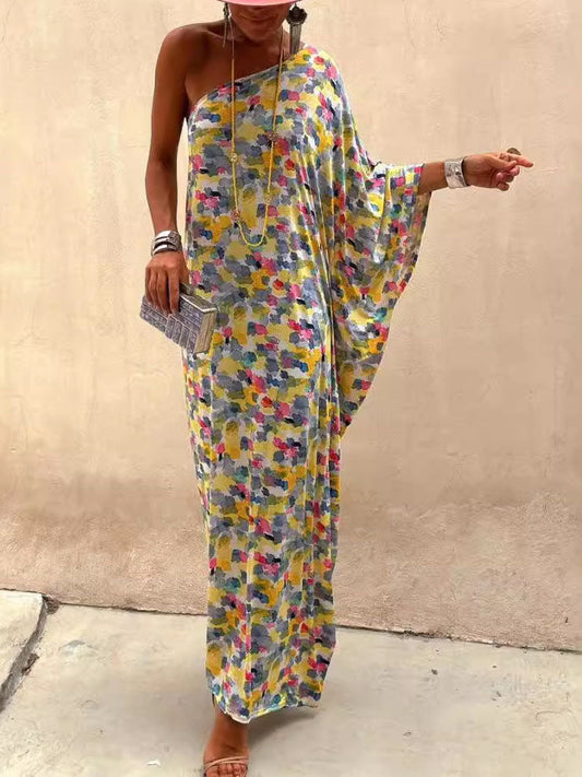 Relaxed Off-Shoulder Maxi Dress with Holiday Ink-Dye Print