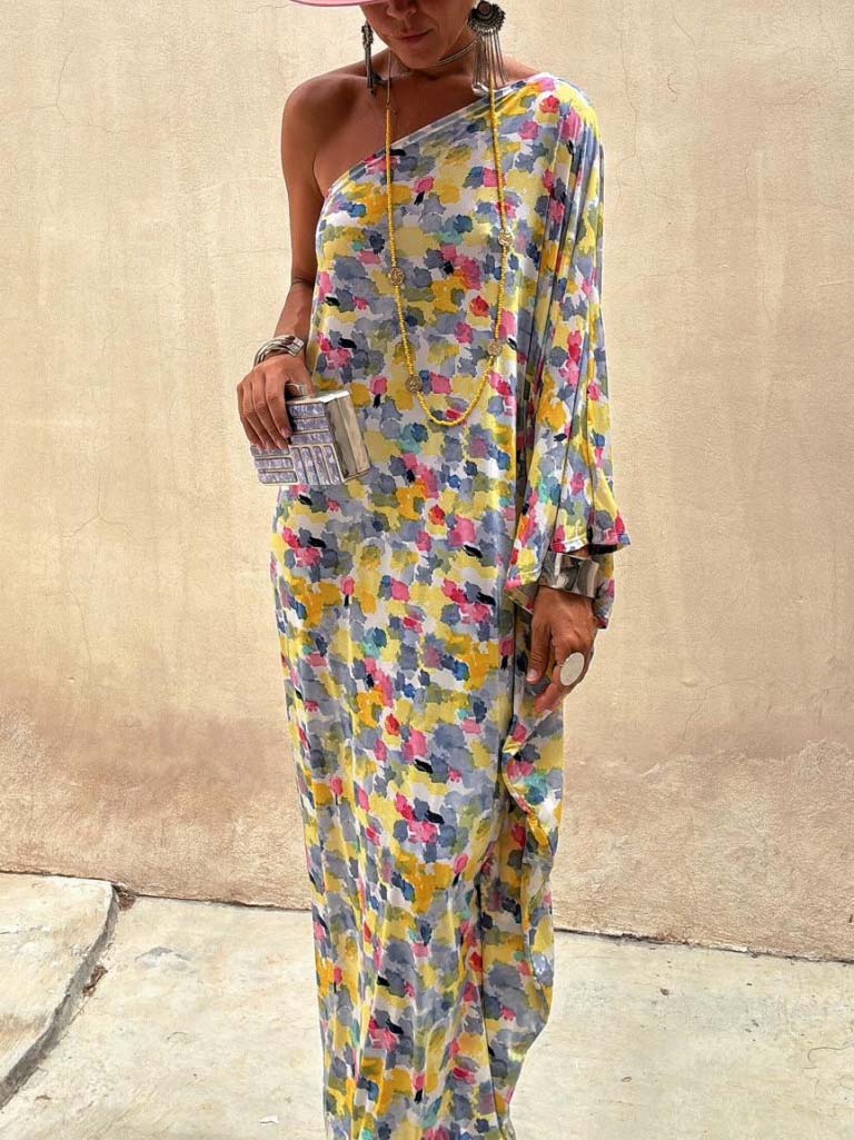 Relaxed Off-Shoulder Maxi Dress with Holiday Ink-Dye Print