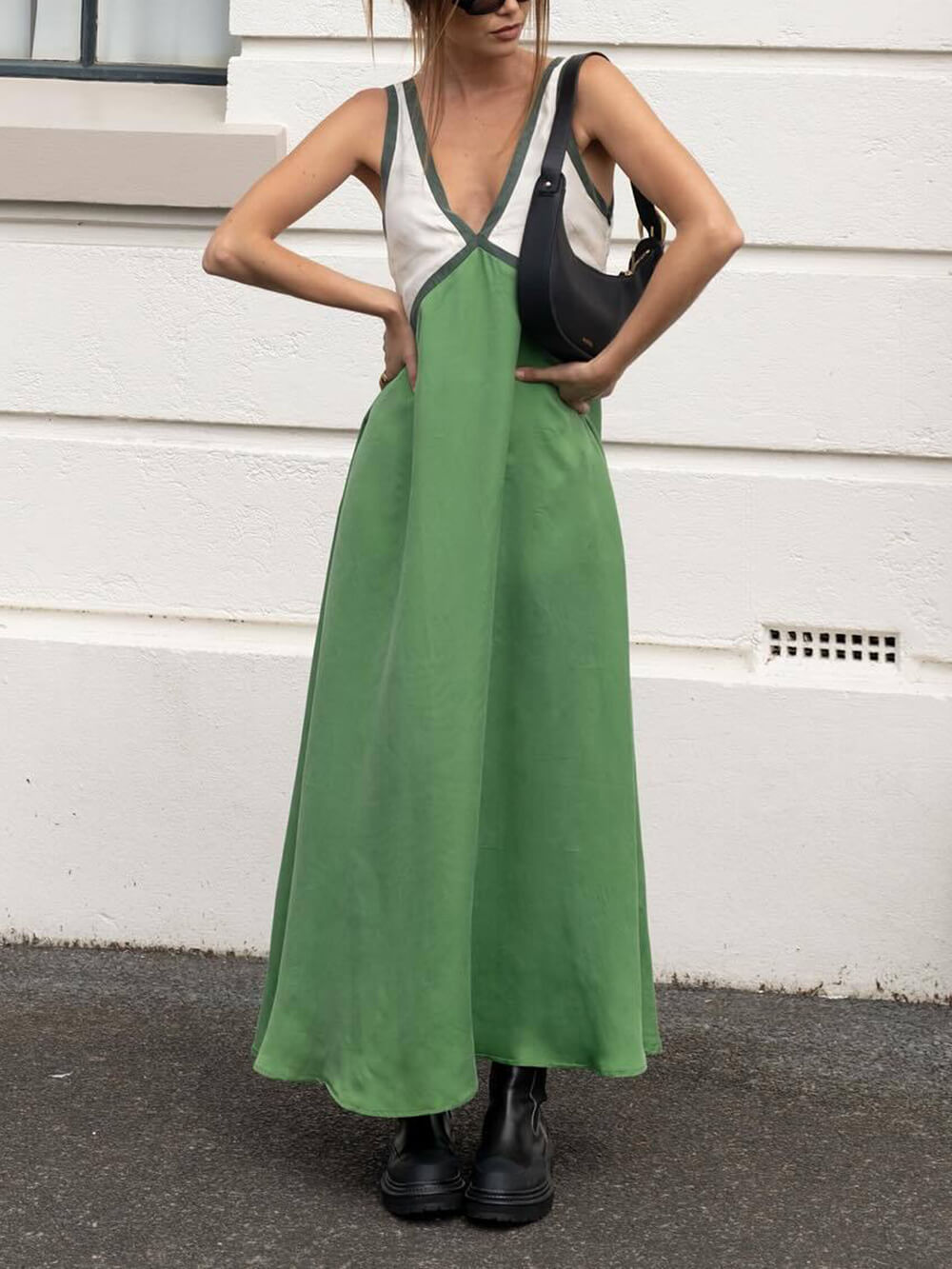 Chic V-Neck Dress with Contrasting Color Panels