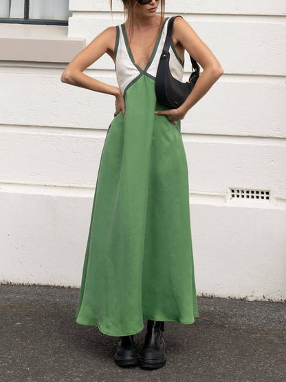 Chic V-Neck Dress with Contrasting Color Panels