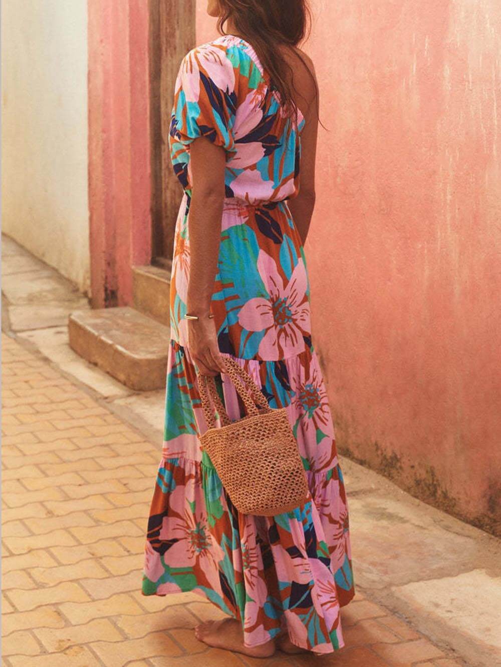 Off-Shoulder Floral Dress with Palm Leaf Print for Holiday Style