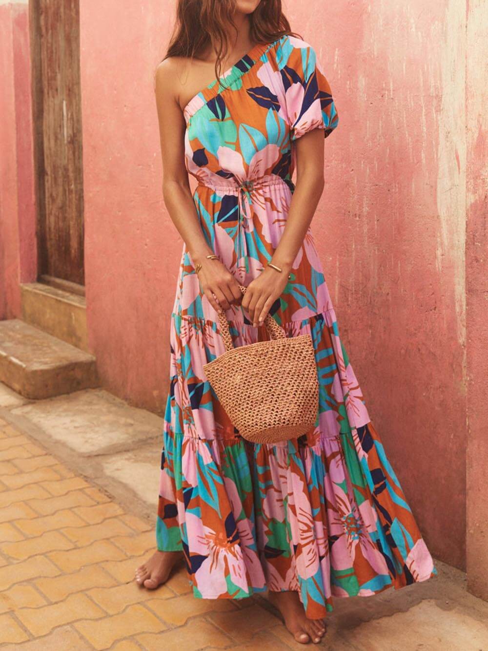 Off-Shoulder Floral Dress with Palm Leaf Print for Holiday Style