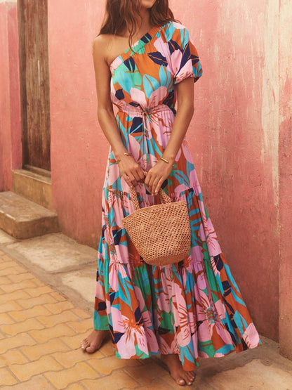 Off-Shoulder Floral Dress with Palm Leaf Print for Holiday Style