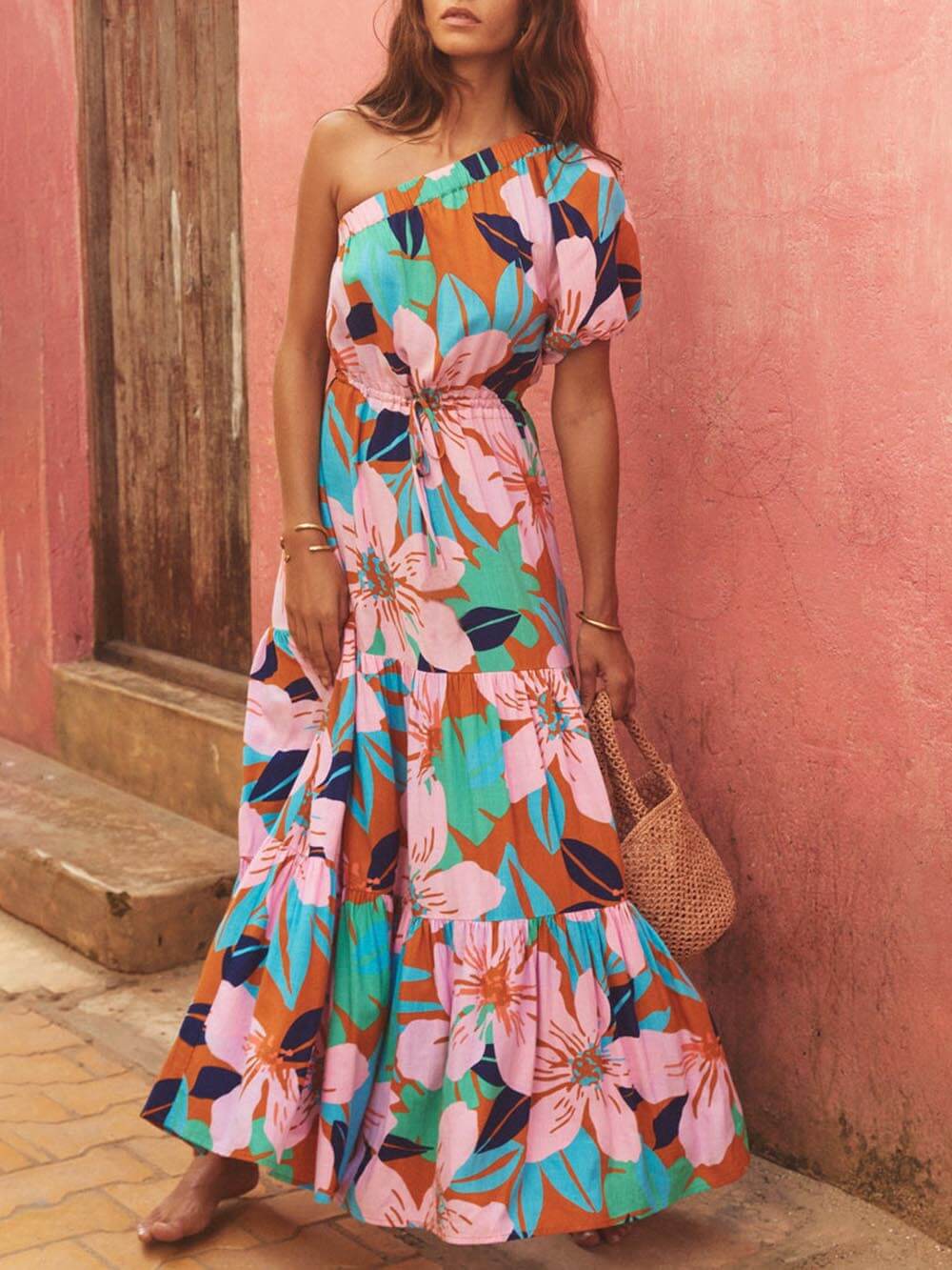 Off-Shoulder Floral Dress with Palm Leaf Print for Holiday Style