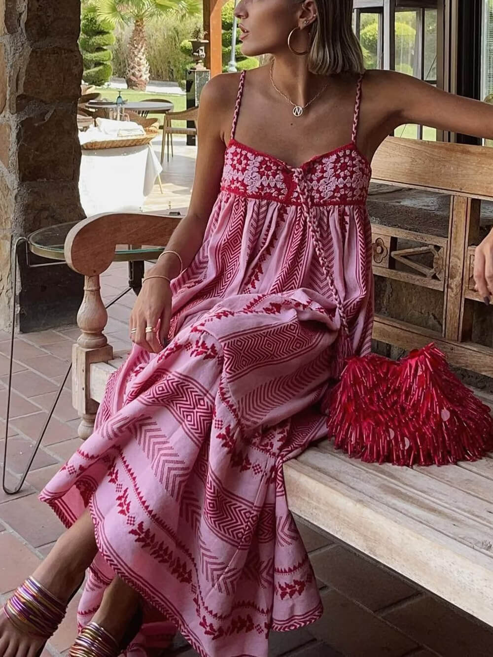 Ethnic-Inspired Crochet Patchwork Knitted Maxi Slip Dress