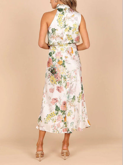 Floral Maxi Dress with Halter Neck and Elastic Waist