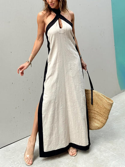Color Block Maxi Dress with Halter Neck and Slit